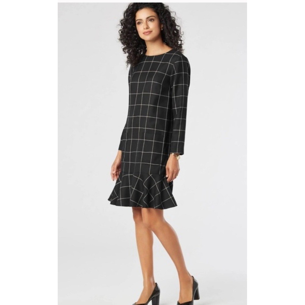 Pendleton Dress Long Sleeve Virgin Wool Ruffle Hem Windowpane Black Dress sz 14P